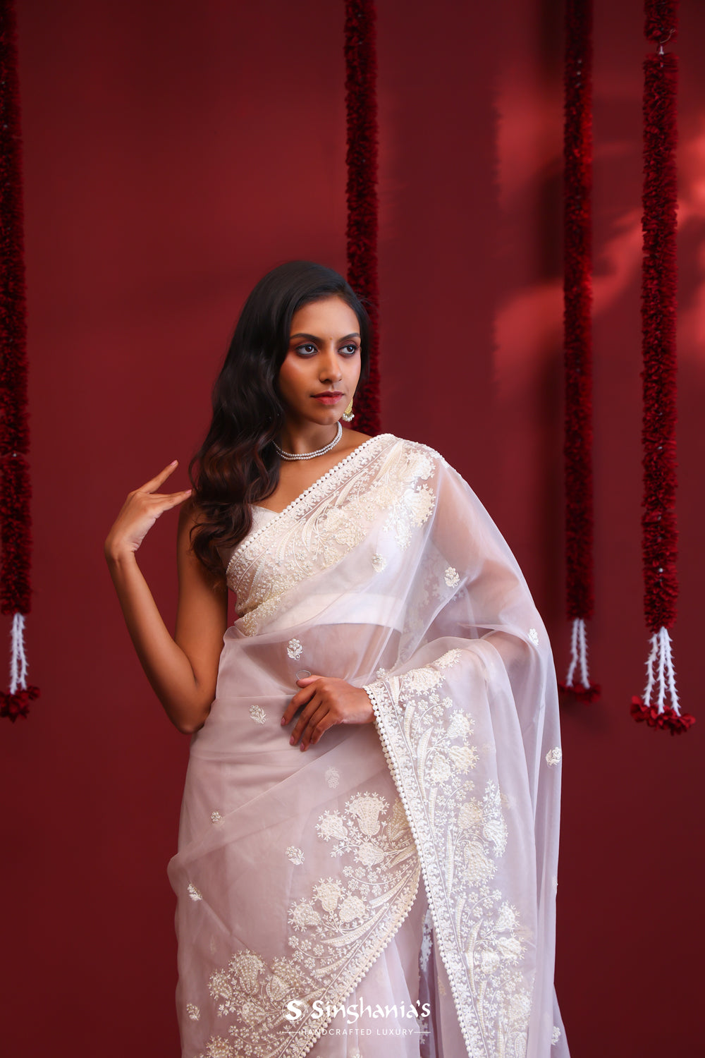 Rose White Handcrafted Organza Saree