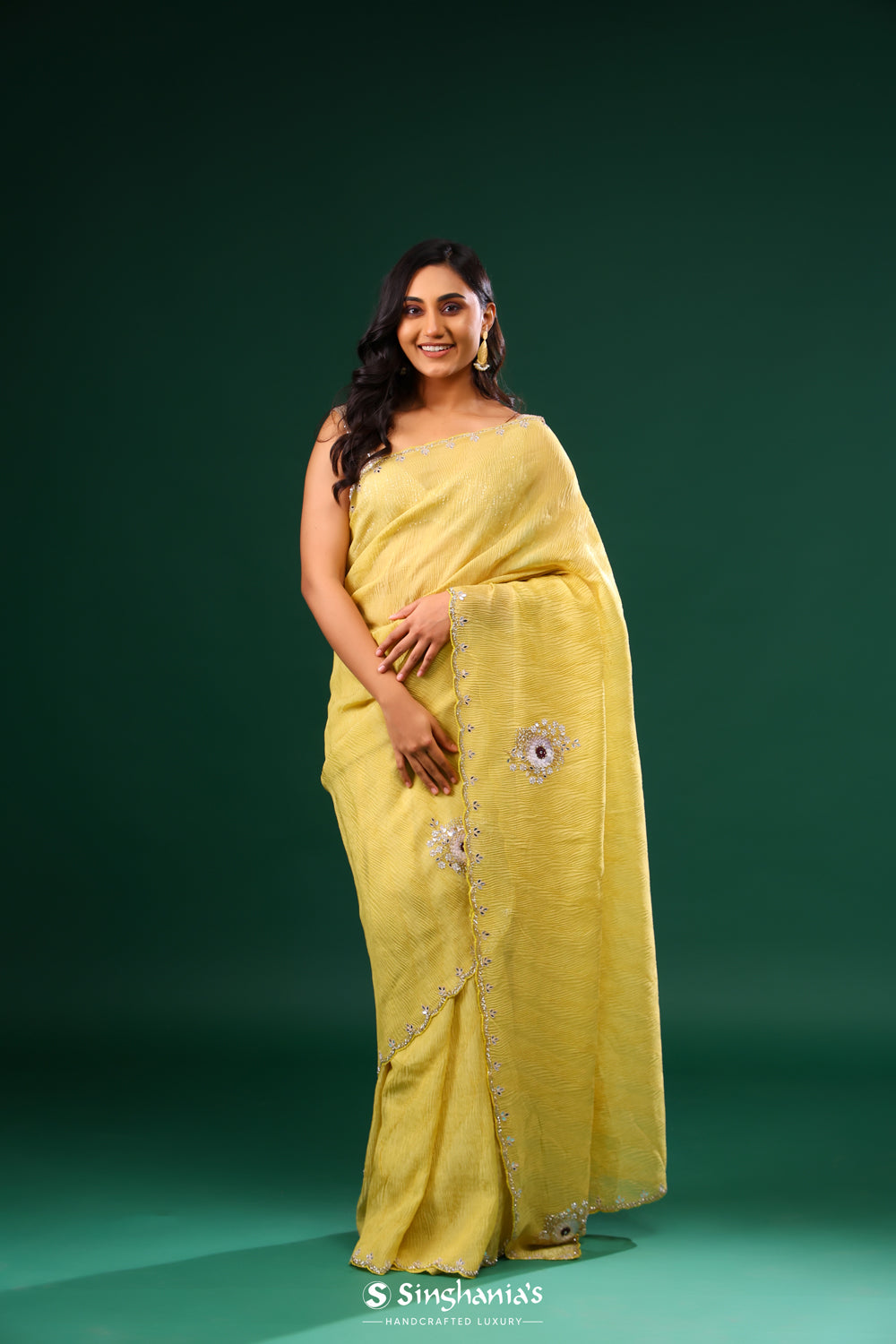 Flax Yellow Crushed Tissue Embroidery Saree With Floral Butta