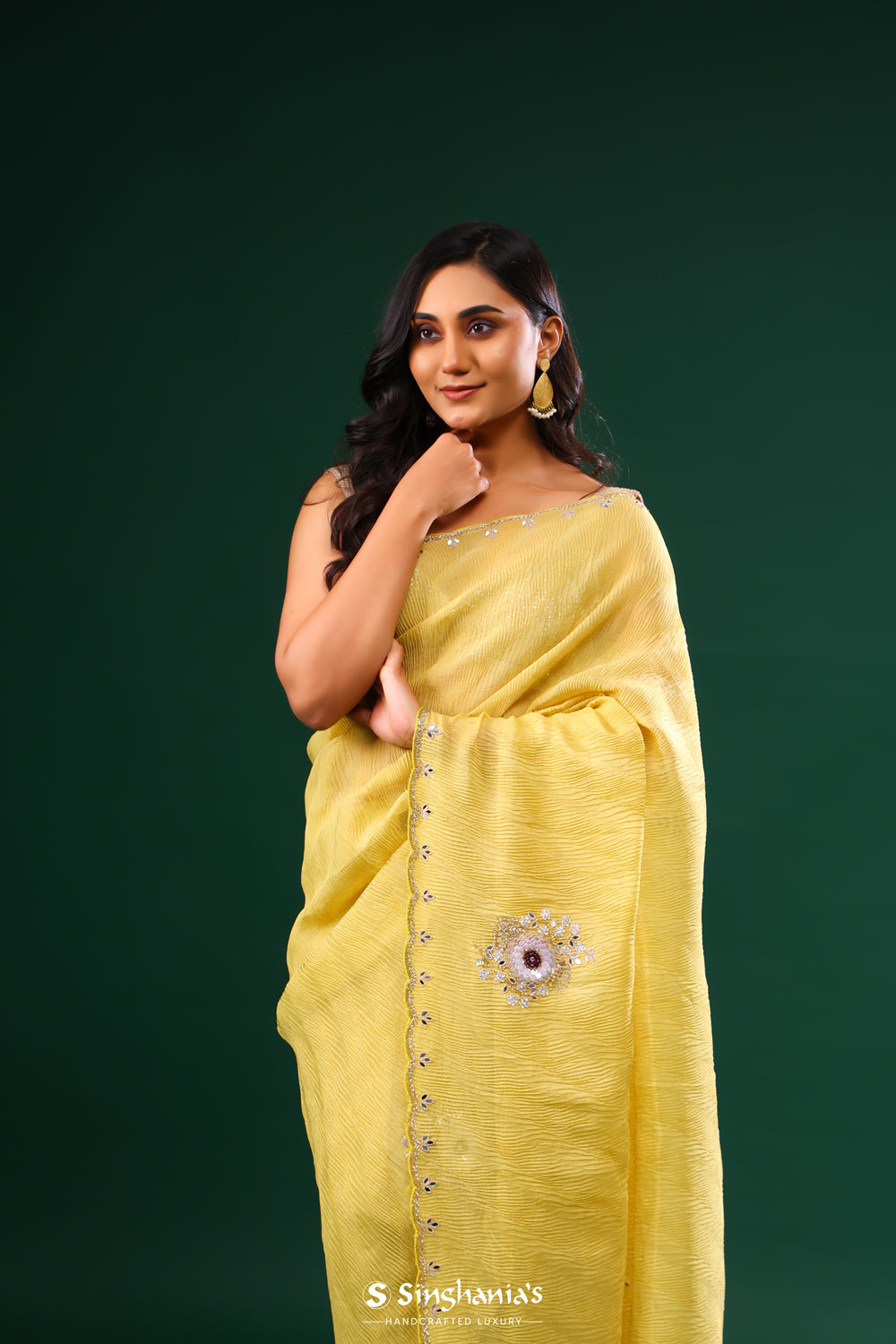 Flax Yellow Crushed Tissue Embroidery Saree With Floral Butta