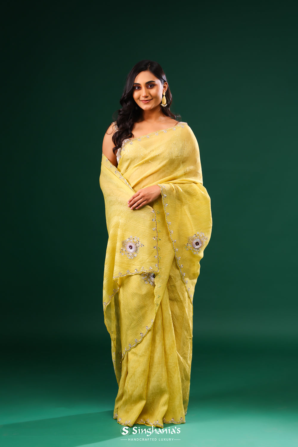 Flax Yellow Crushed Tissue Embroidery Saree With Floral Butta