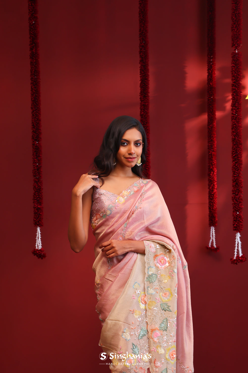 Rose Pink-Gold Ombre Handcrafted Tissue Saree