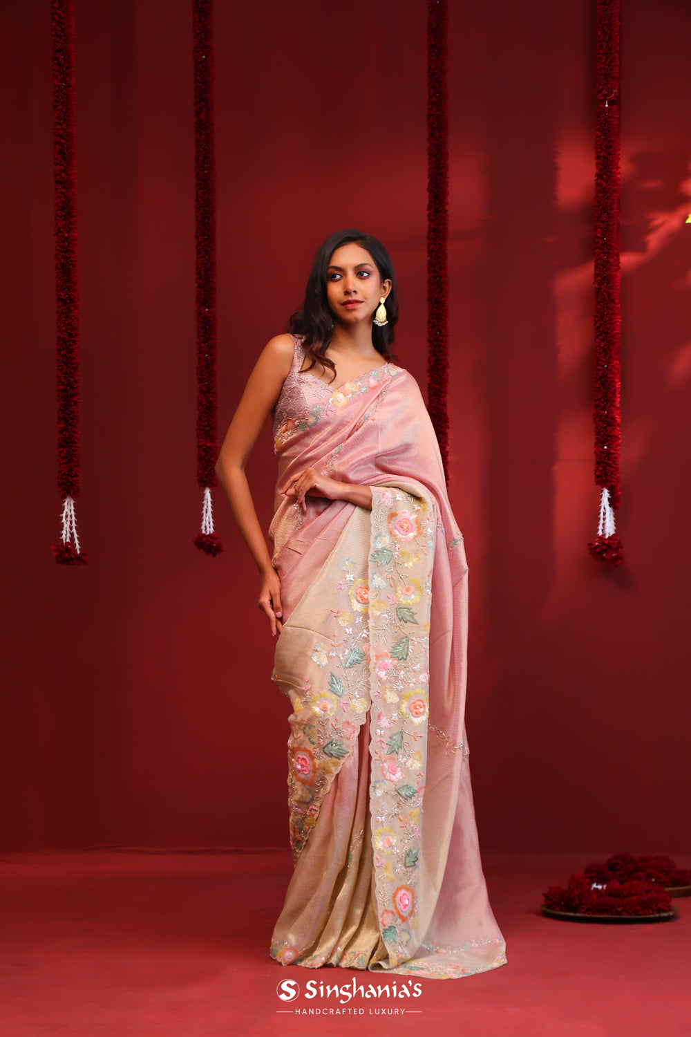 Rose Pink-Gold Ombre Handcrafted Tissue Saree