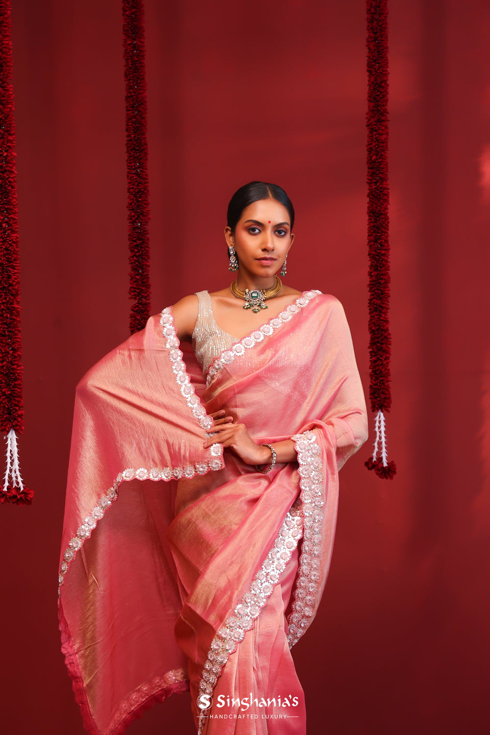 Salmon Pink Tissue Handcrafted Saree