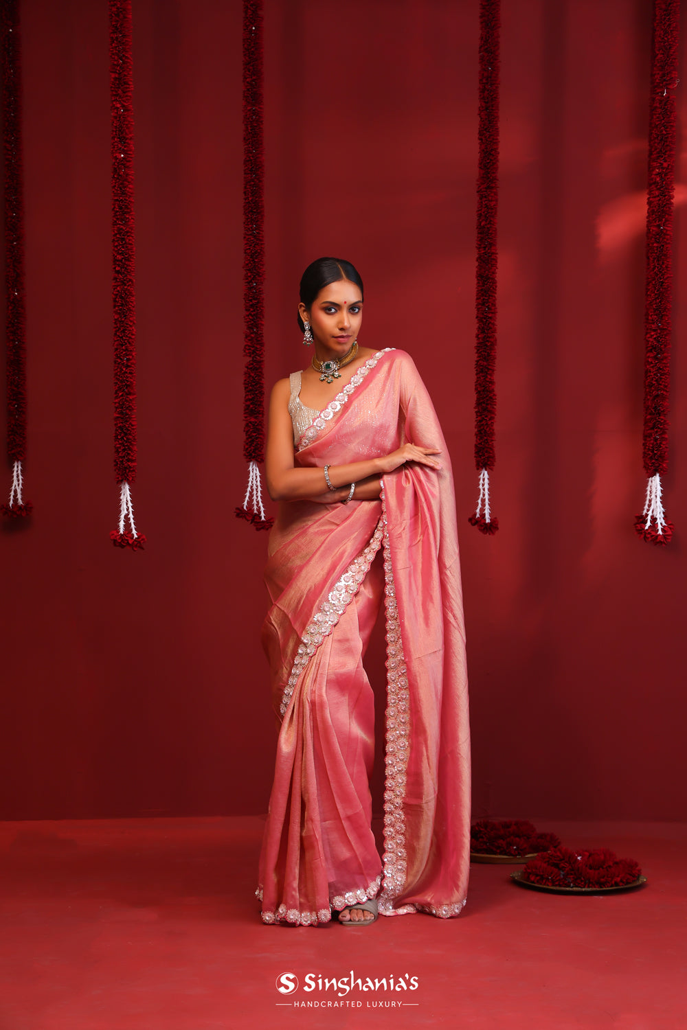 Salmon Pink Tissue Handcrafted Saree