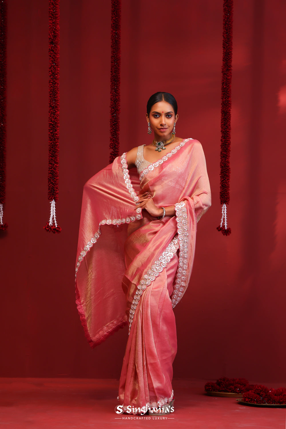 Salmon Pink Tissue Handcrafted Saree