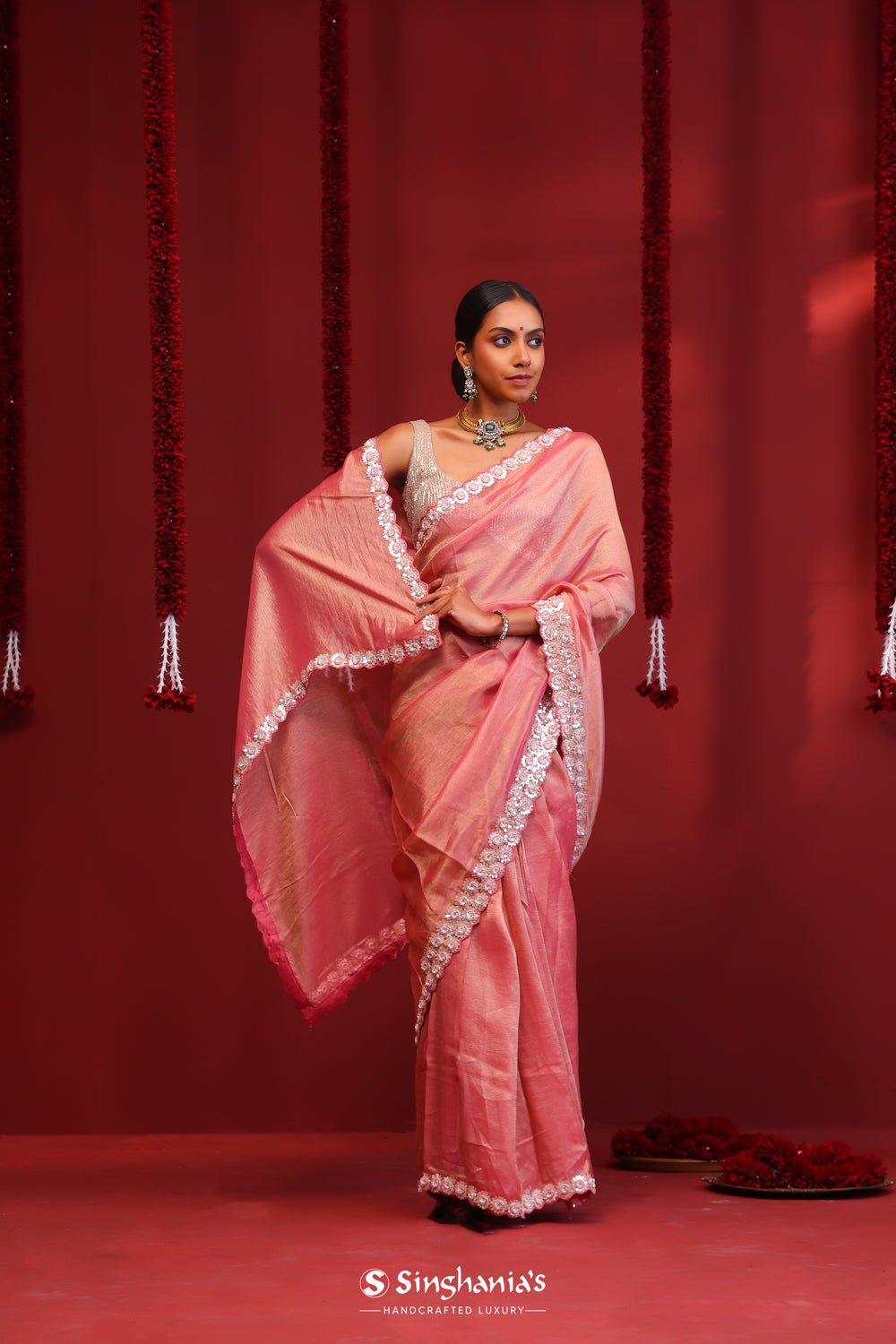 Salmon Pink Tissue Handcrafted Saree