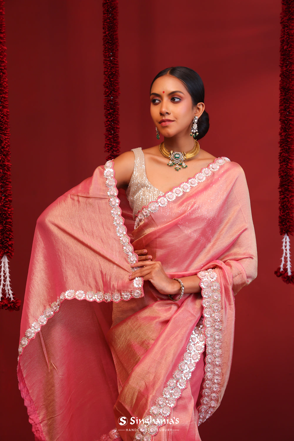 Salmon Pink Tissue Handcrafted Saree