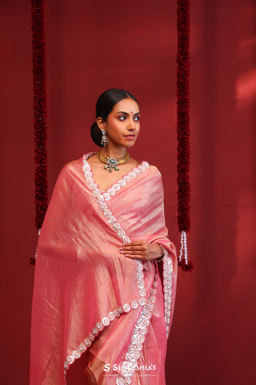 Salmon Pink Tissue Handcrafted Saree