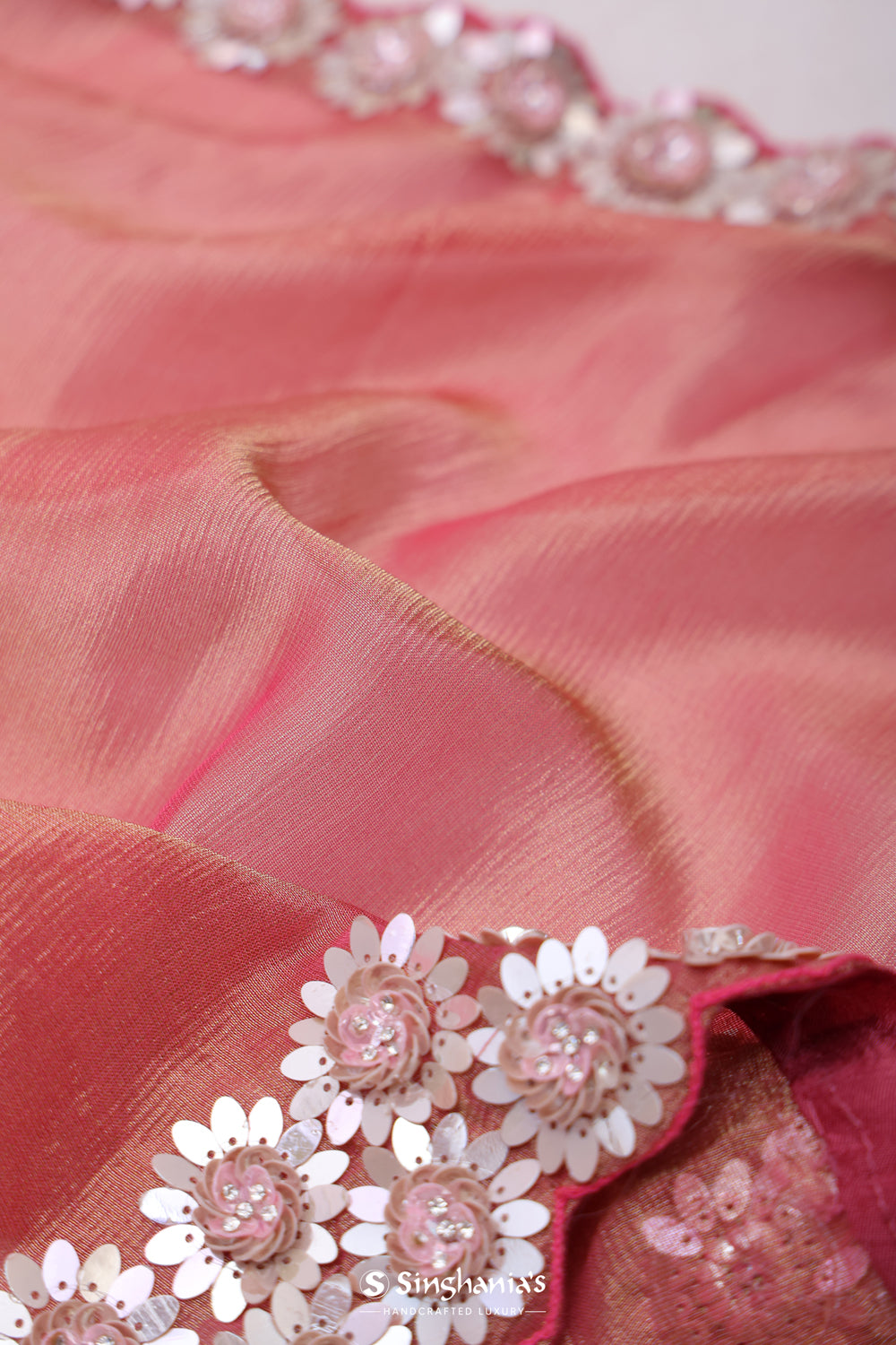 Salmon Pink Tissue Handcrafted Saree