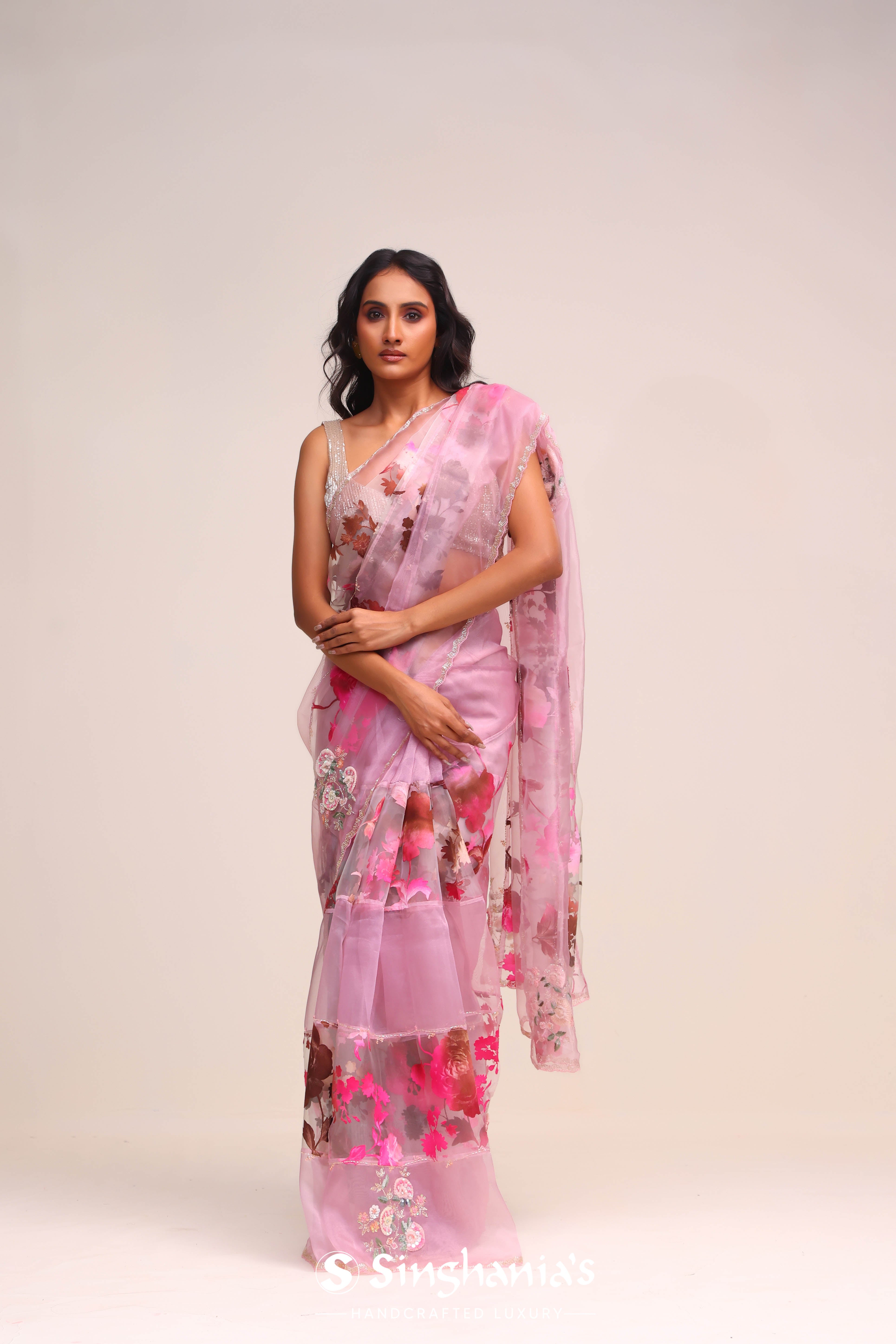 Pale Pink Organza Handcrafted Saree