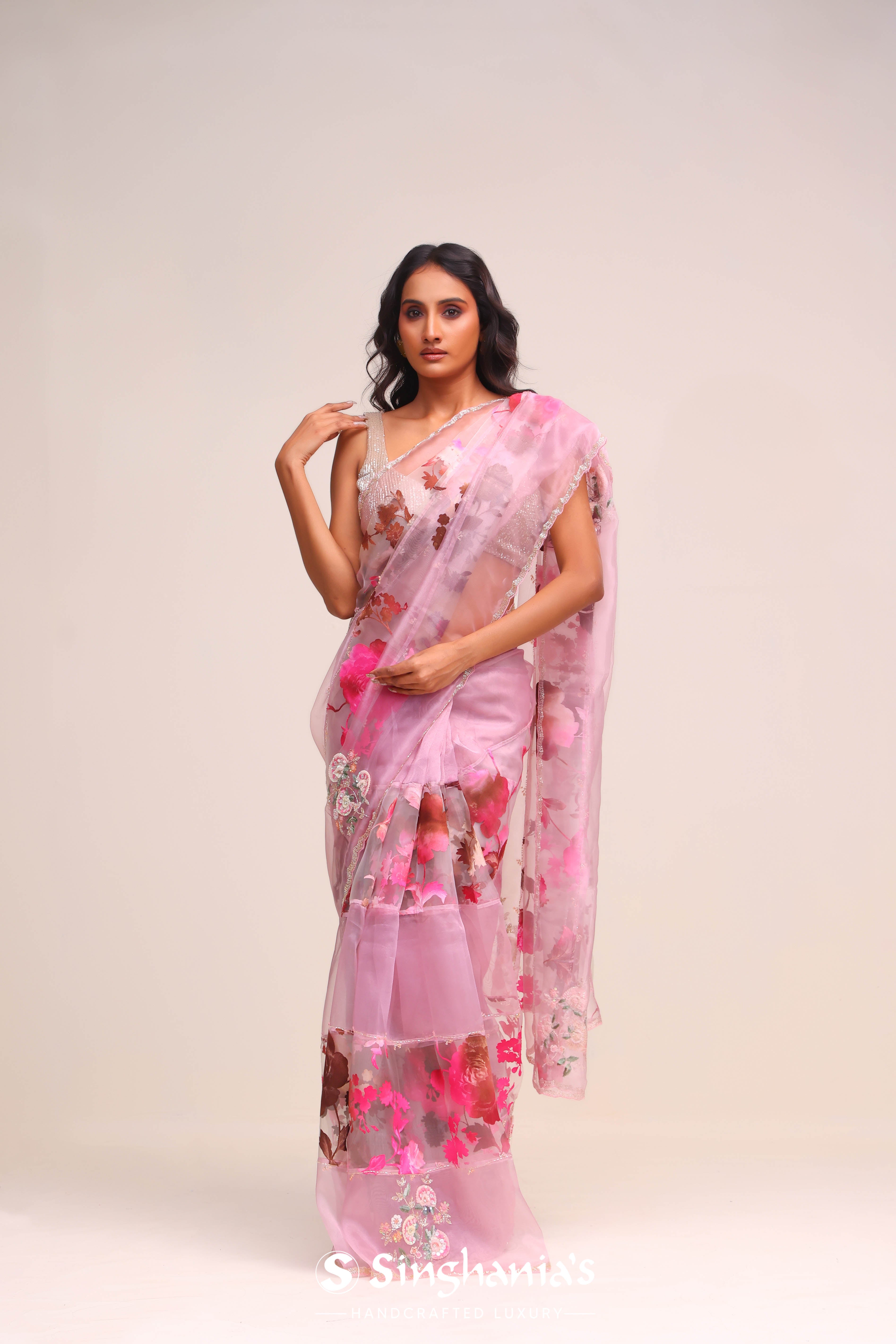 Pale Pink Organza Handcrafted Saree