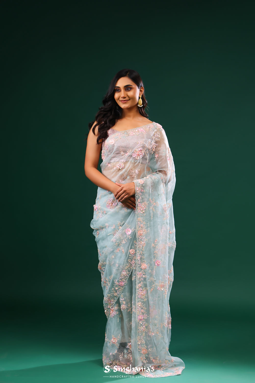 Pastel Blue Organza Designer Saree With Hand Embroidery