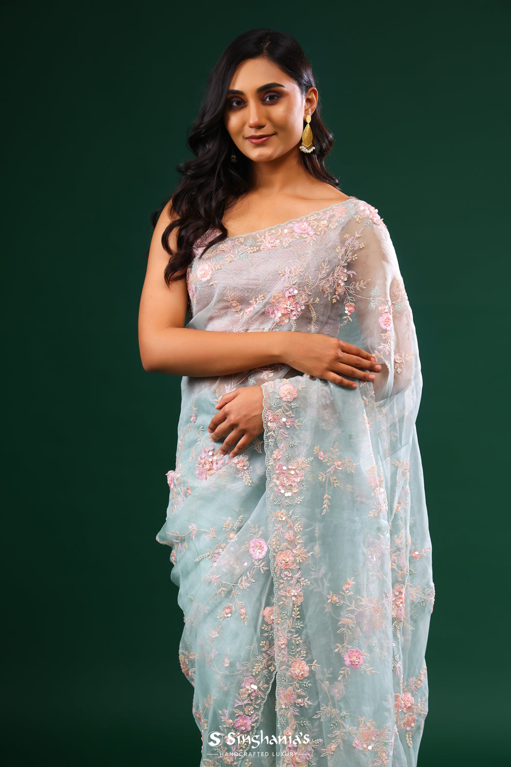 Pastel Blue Organza Designer Saree With Hand Embroidery