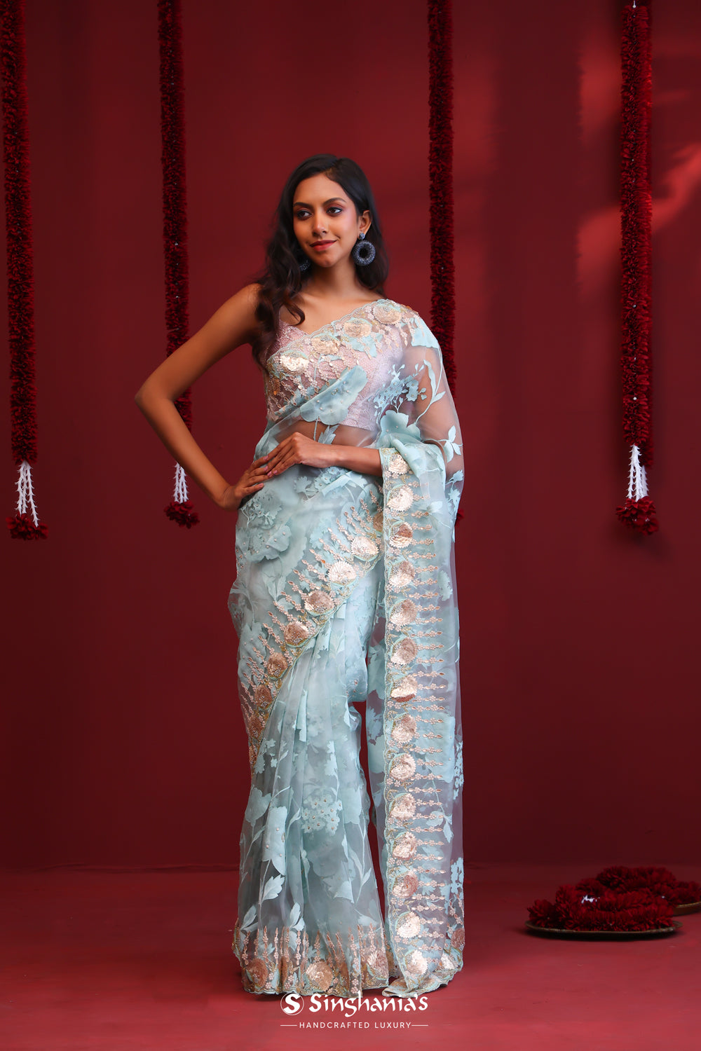 Pale Blue Organza Saree With Floral Embroidery