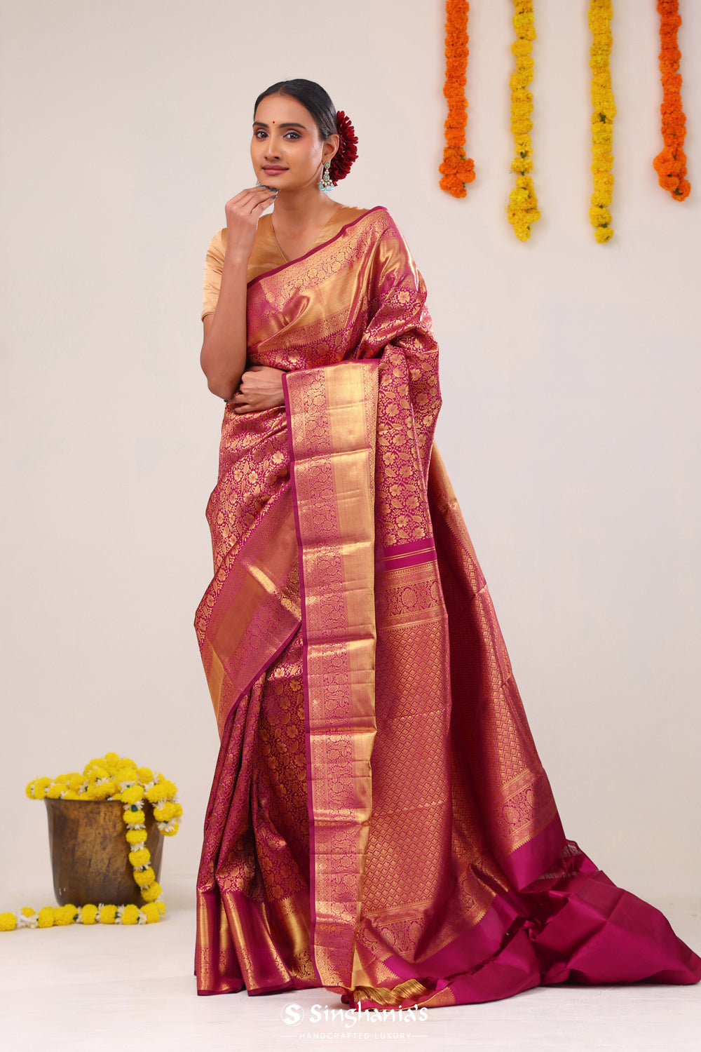 Rich Maroon Floral Jaal Kanjivaram Silk Saree