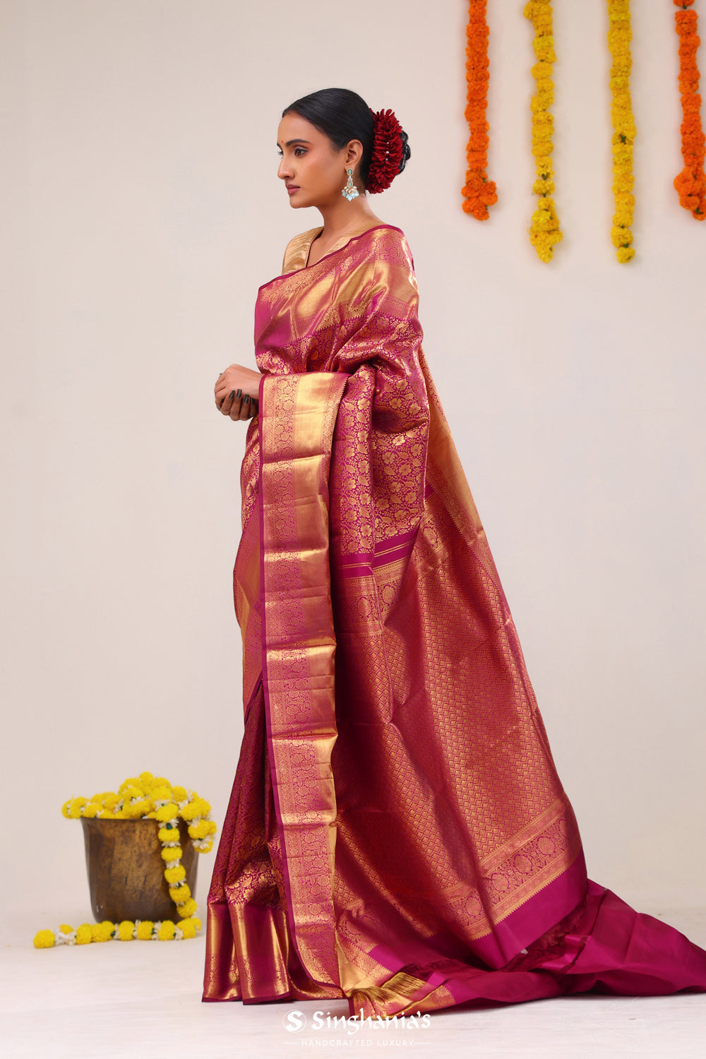 Rich Maroon Floral Jaal Kanjivaram Silk Saree