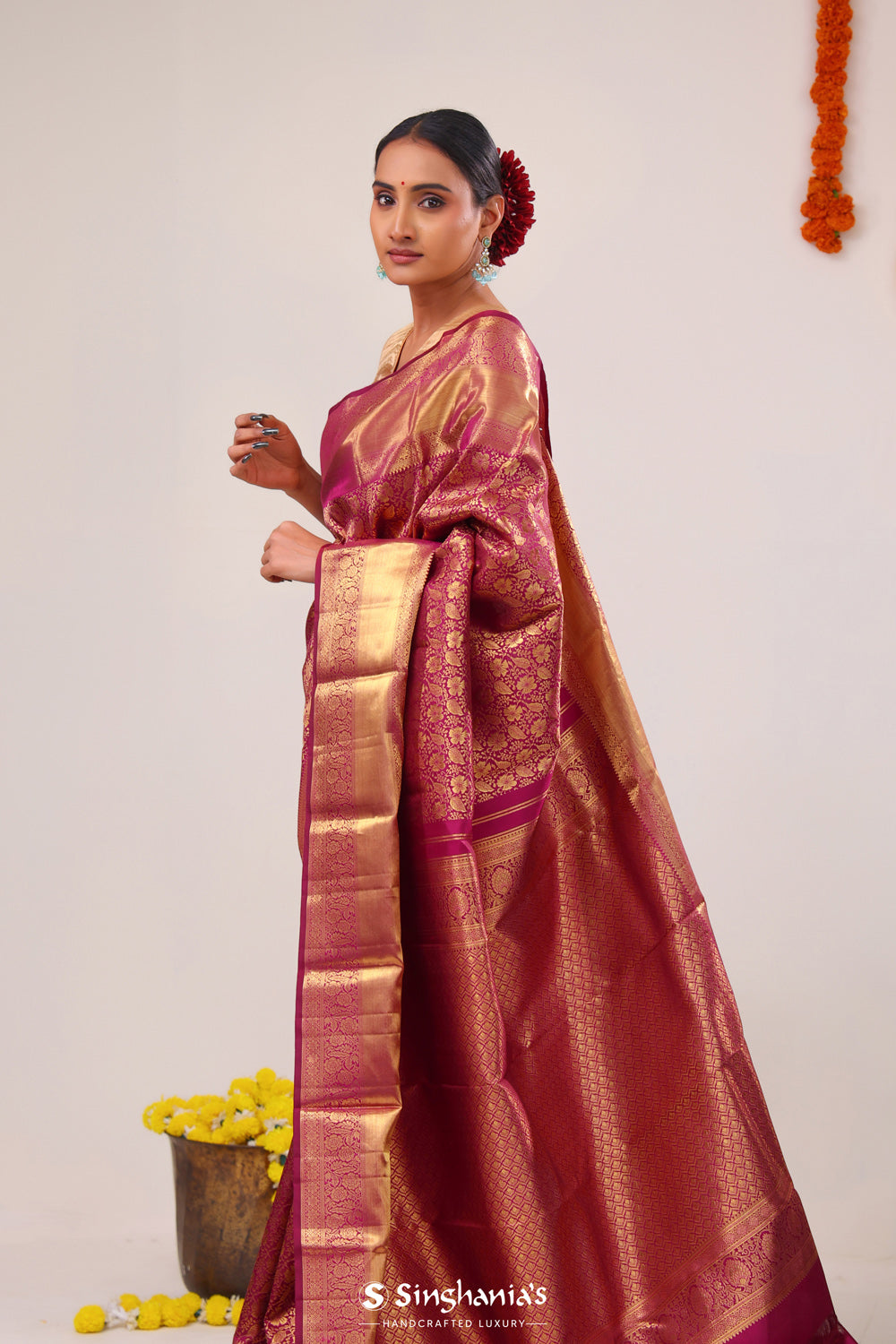 Rich Maroon Floral Jaal Kanjivaram Silk Saree