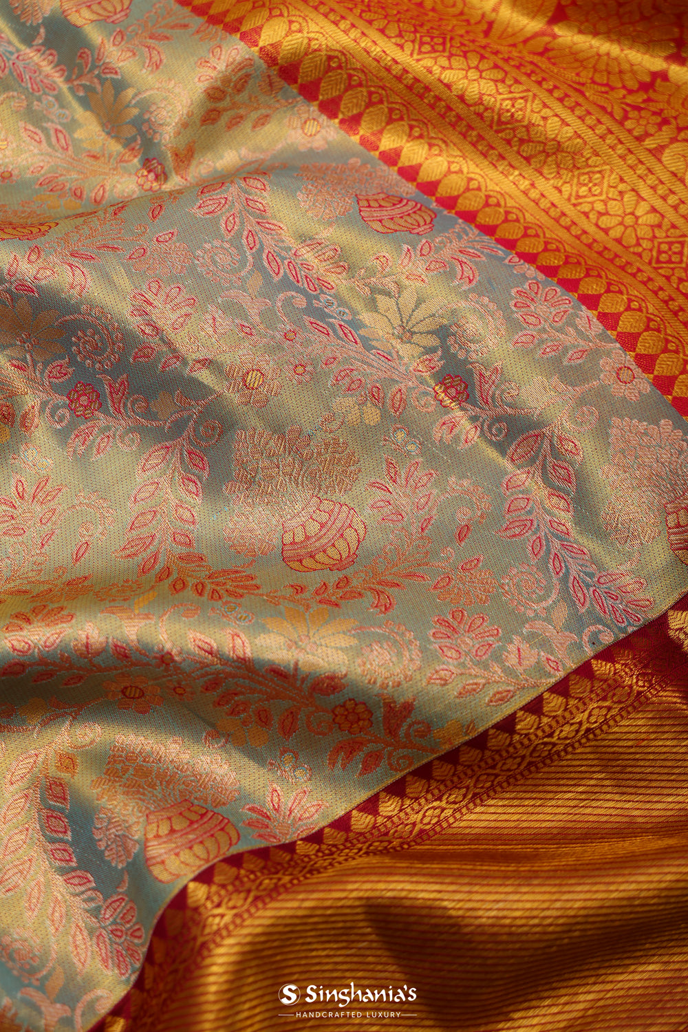 Pastel Blue Tissue Kanjivaram Saree With Floral Jaal Weaving