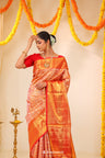 Salmon Orange Tissue Kanjivaram Saree With Floral-Bird Weaving