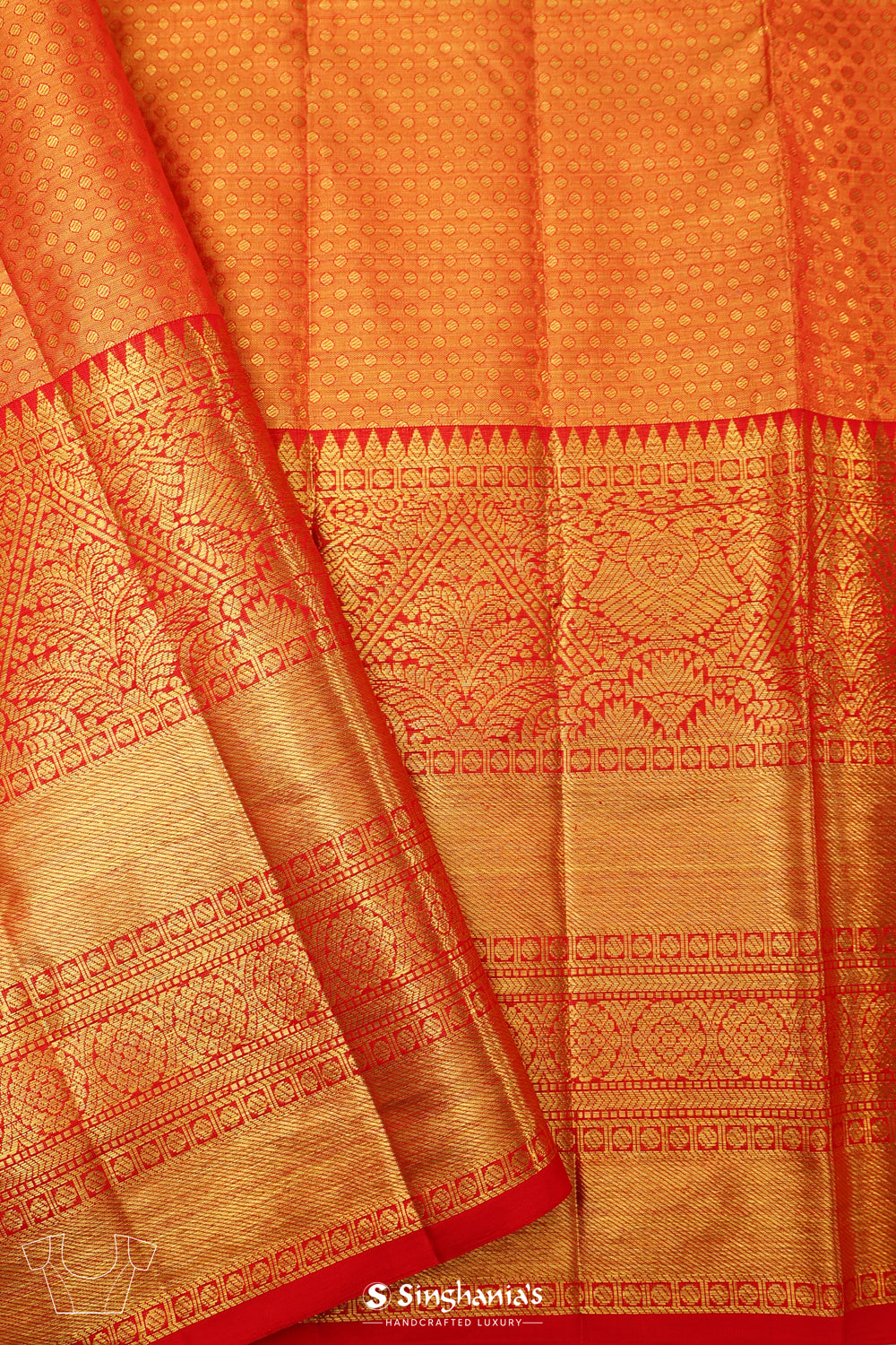 Salmon Orange Tissue Kanjivaram Saree With Floral-Bird Weaving