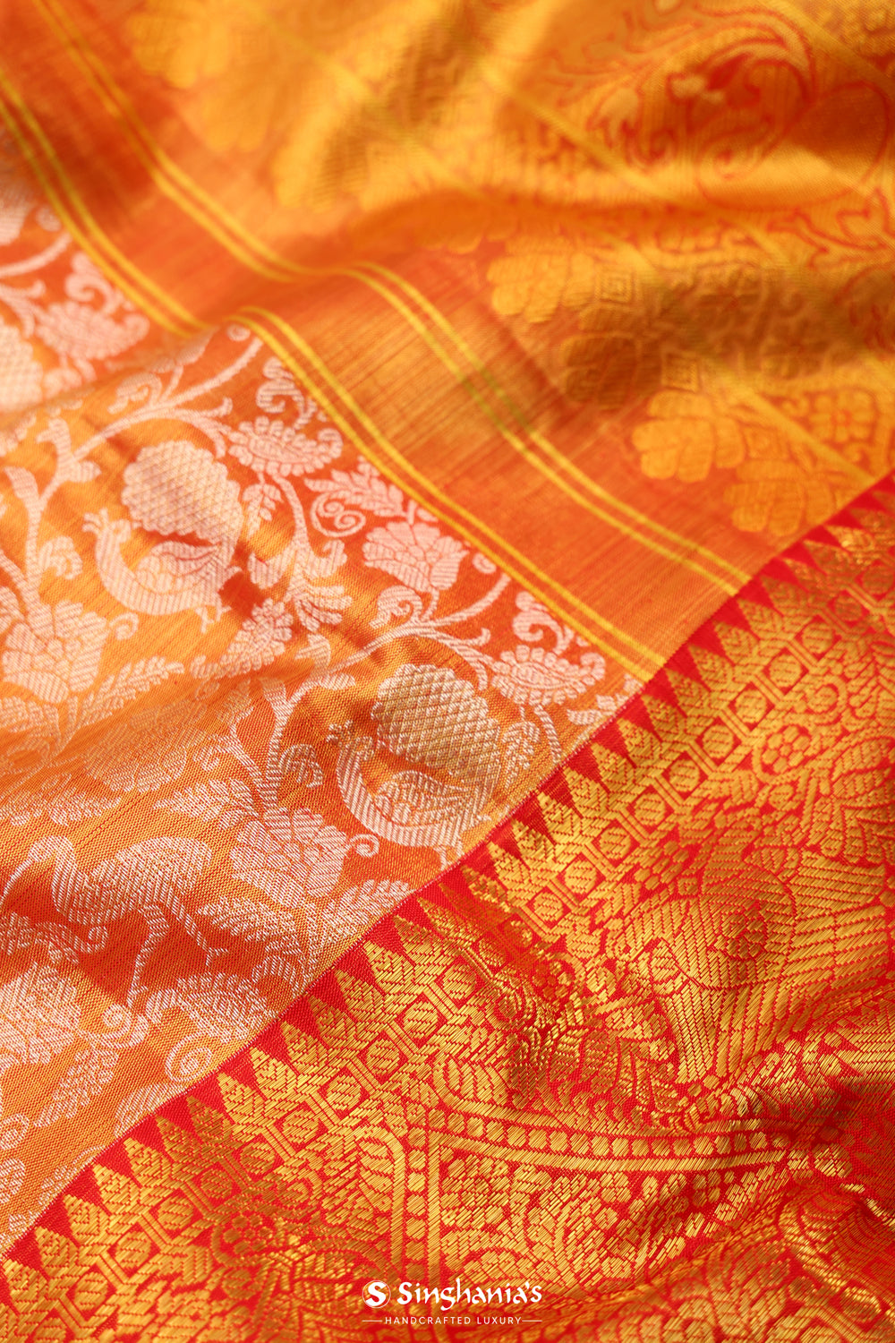 Salmon Orange Tissue Kanjivaram Saree With Floral-Bird Weaving