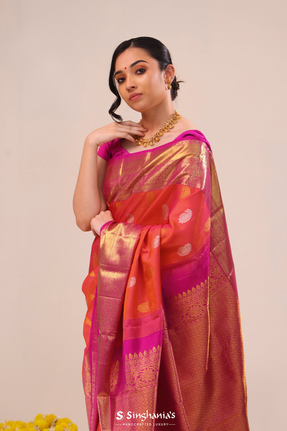 Georgia Peach Paisley Kanjivaram Silk Saree