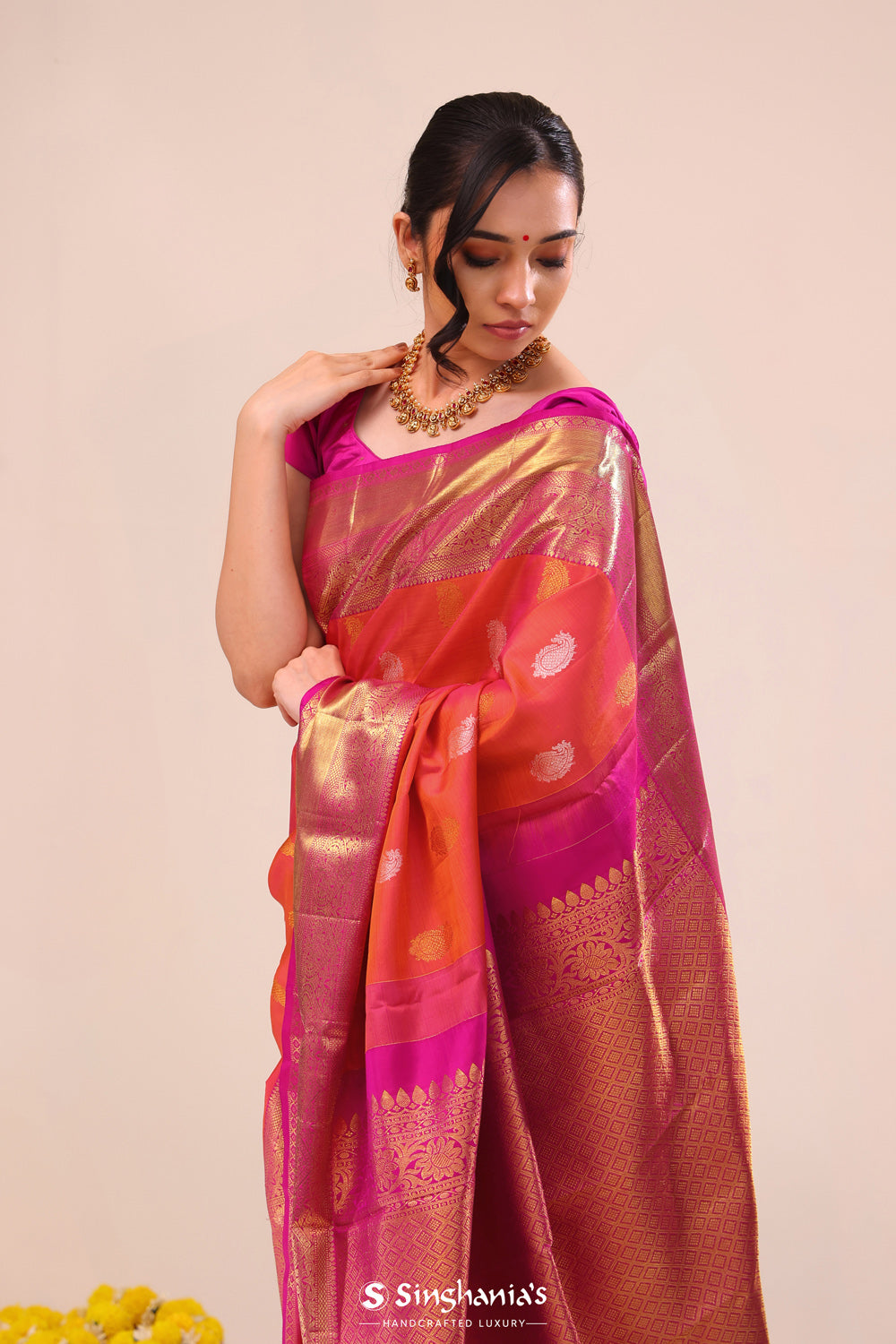 Georgia Peach Paisley Kanjivaram Silk Saree