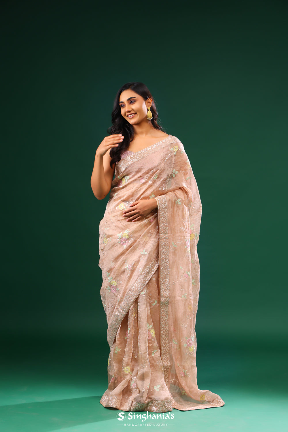 Cameo Peach Crushed Tissue Designer Saree With Floral Embroidery