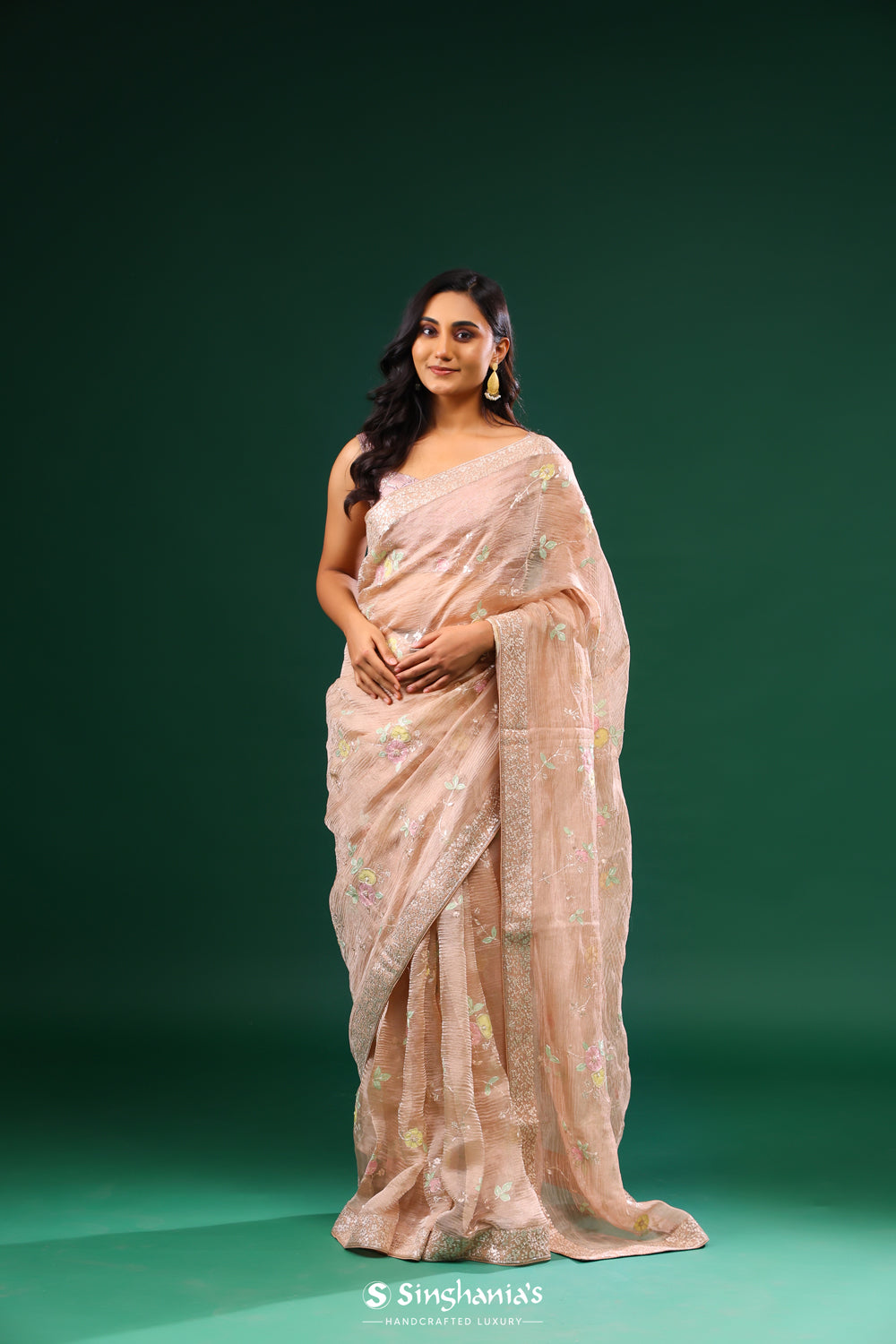 Cameo Peach Crushed Tissue Designer Saree With Floral Embroidery