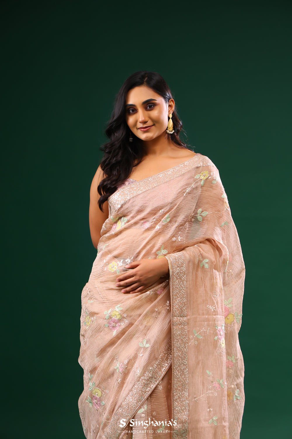 Cameo Peach Crushed Tissue Designer Saree With Floral Embroidery