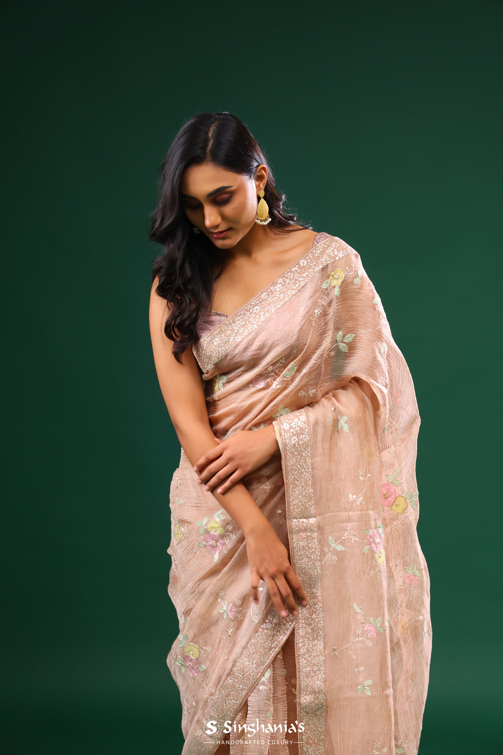 Cameo Peach Crushed Tissue Designer Saree With Floral Embroidery