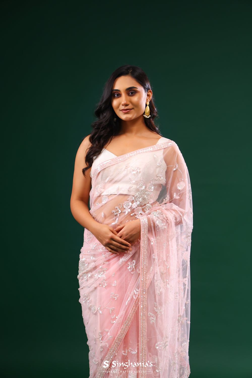 Baby Pink Net Saree With Floral Jaal Embroidery