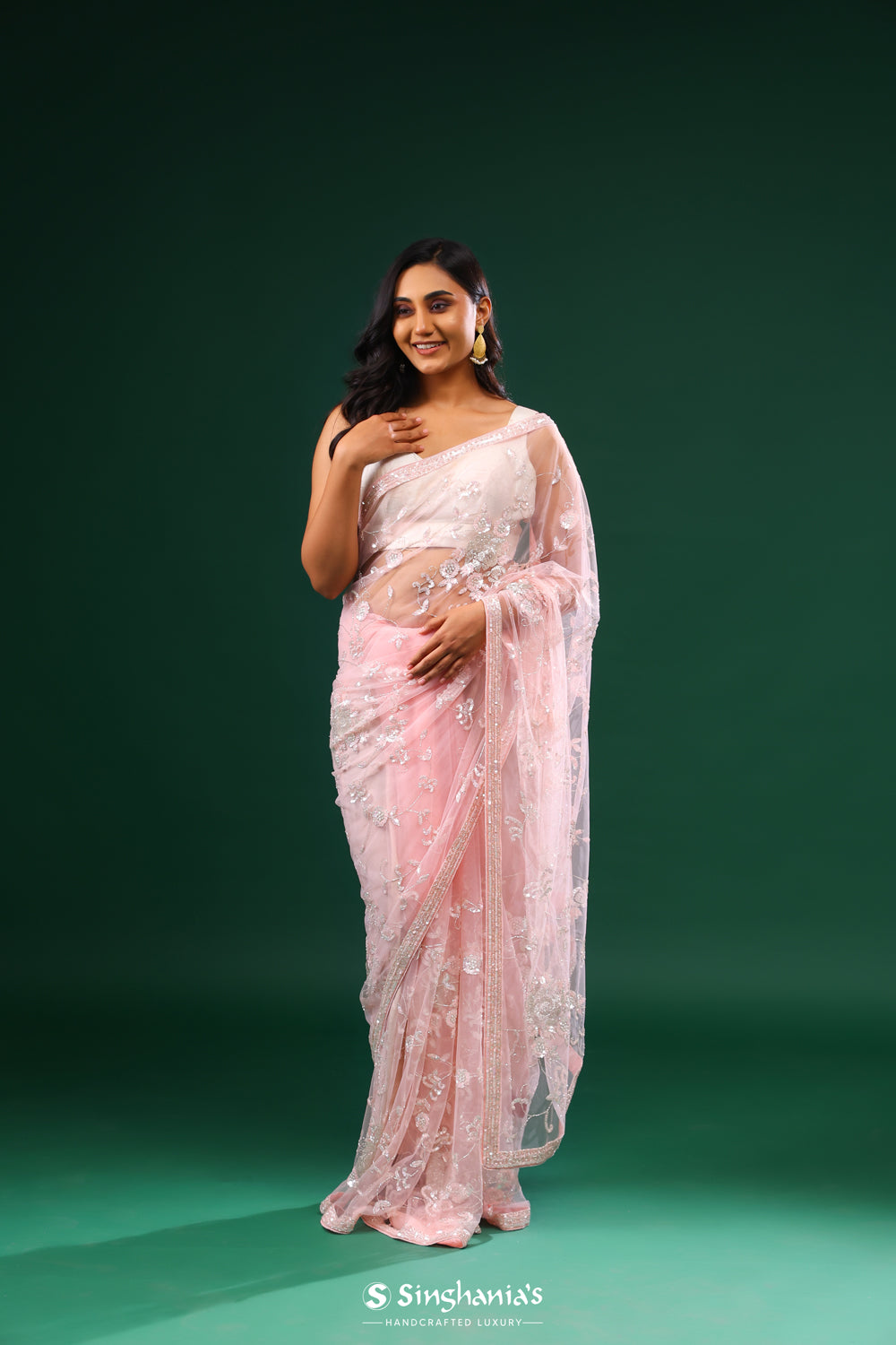 Baby Pink Net Saree With Floral Jaal Embroidery