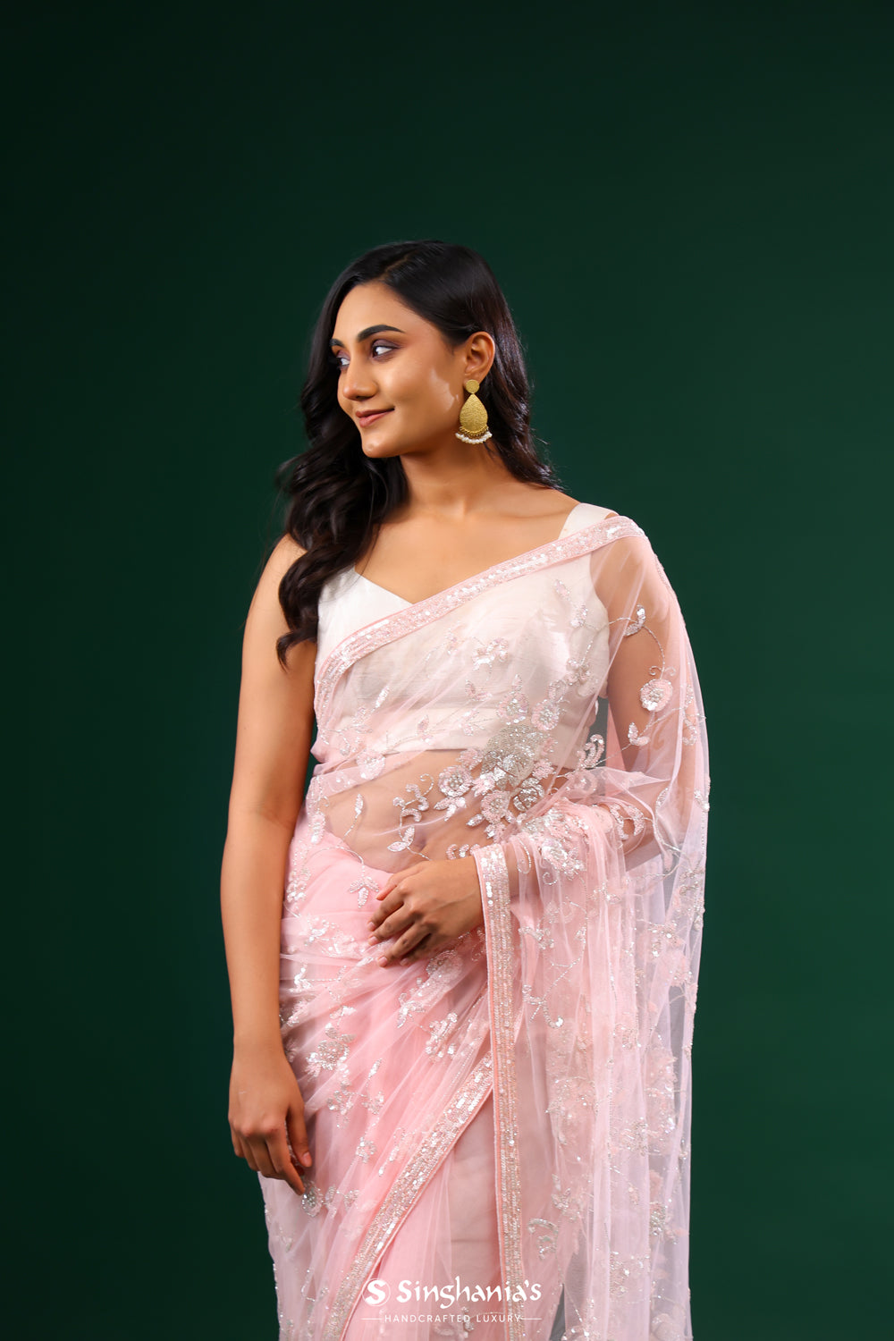 Baby Pink Net Saree With Floral Jaal Embroidery