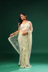 Tea Green Designer Net Saree With Hand Embroidery