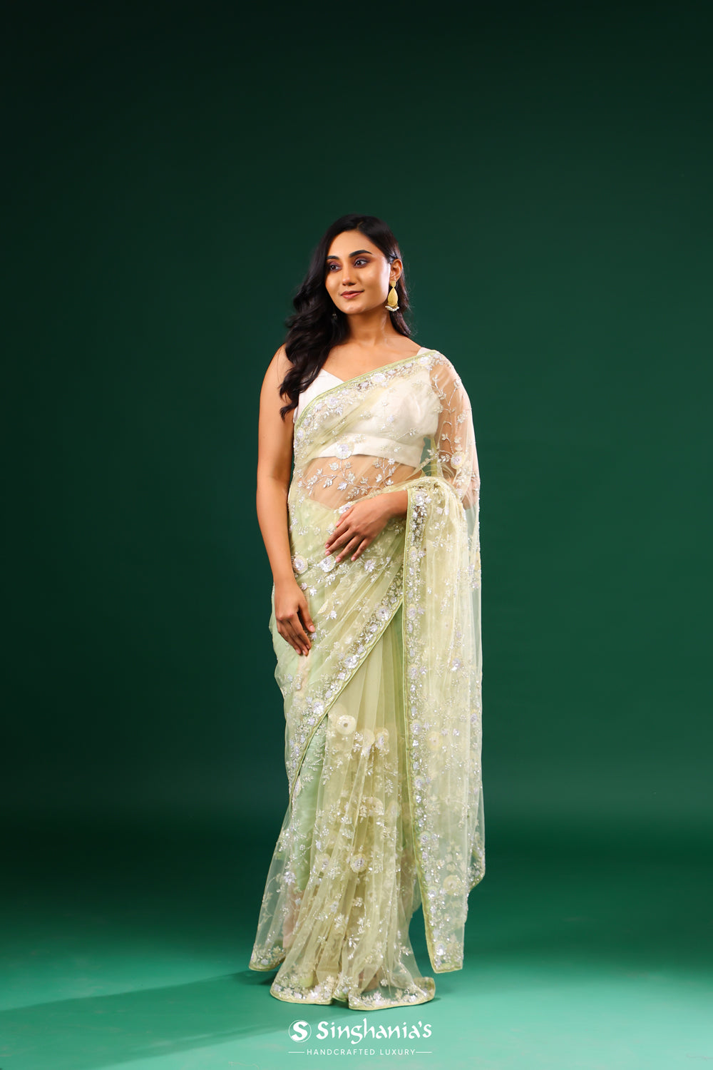 Tea Green Designer Net Saree With Hand Embroidery