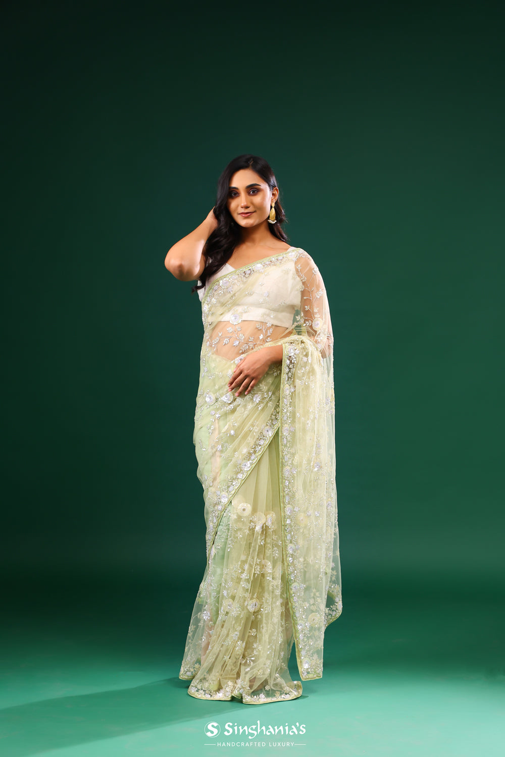 Tea Green Designer Net Saree With Hand Embroidery