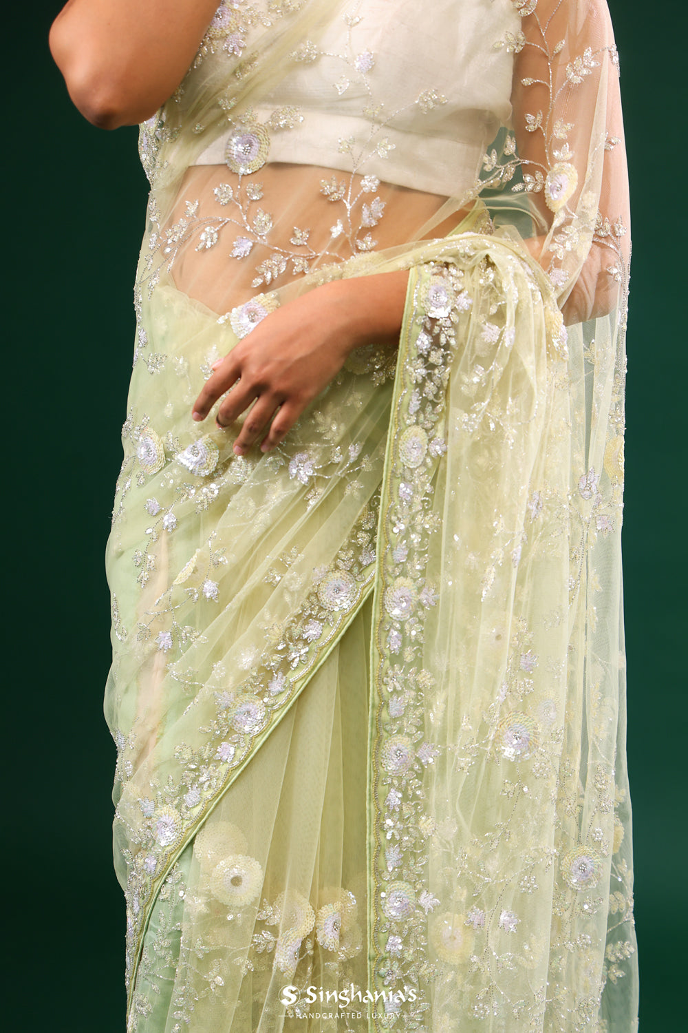 Tea Green Designer Net Saree With Hand Embroidery