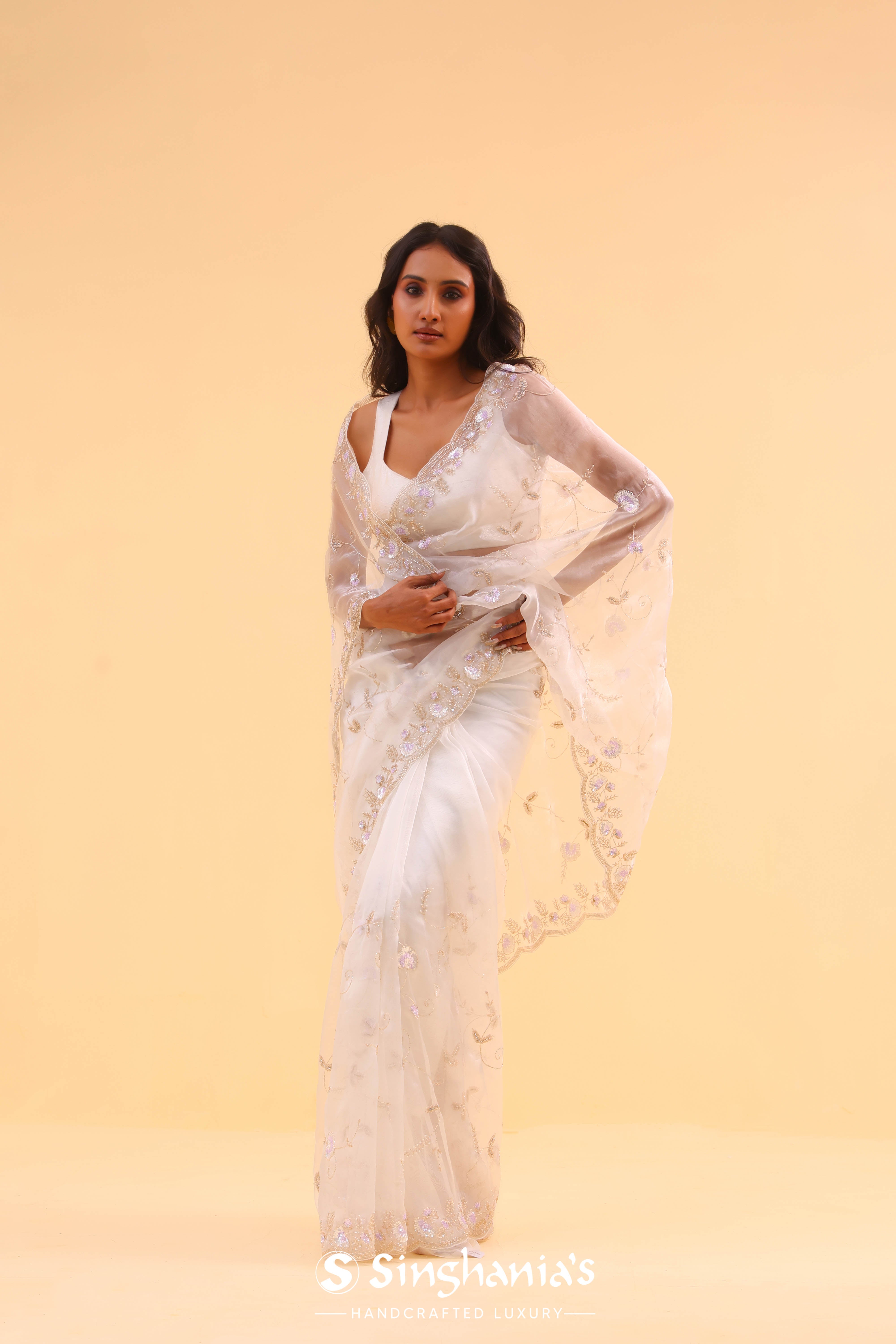 Vista White Organza Handcrafted Saree