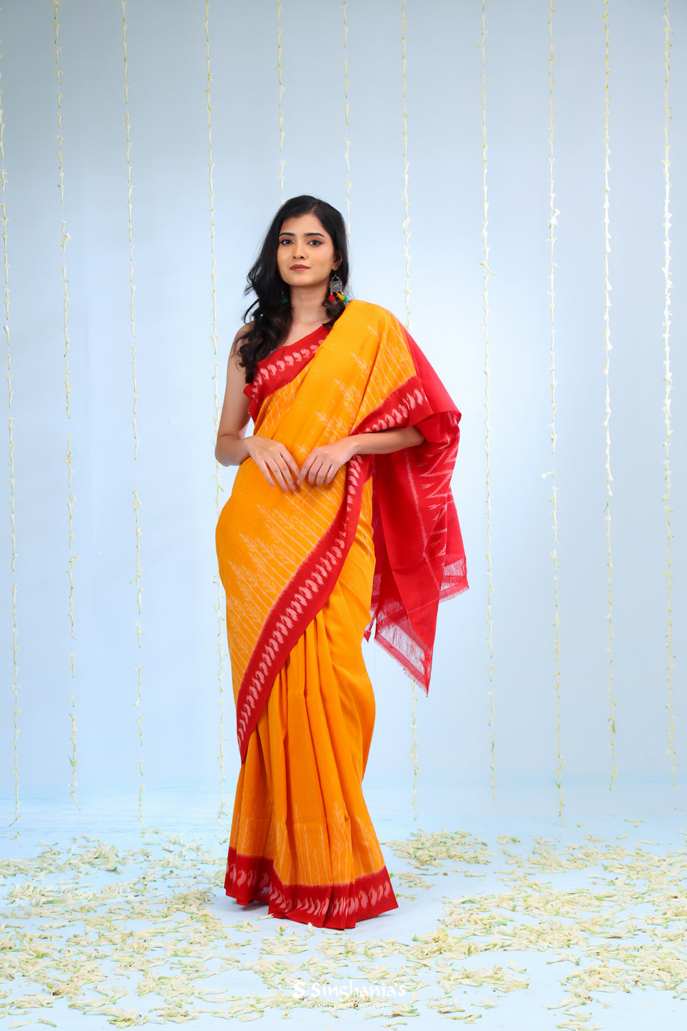 Marigold Orange Ikkat Cotton Saree With Contrast Border