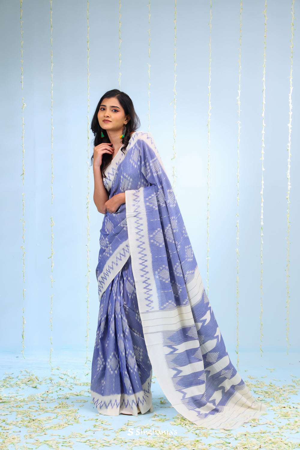 Blue White Ikkat Cotton Saree With Contrast Border