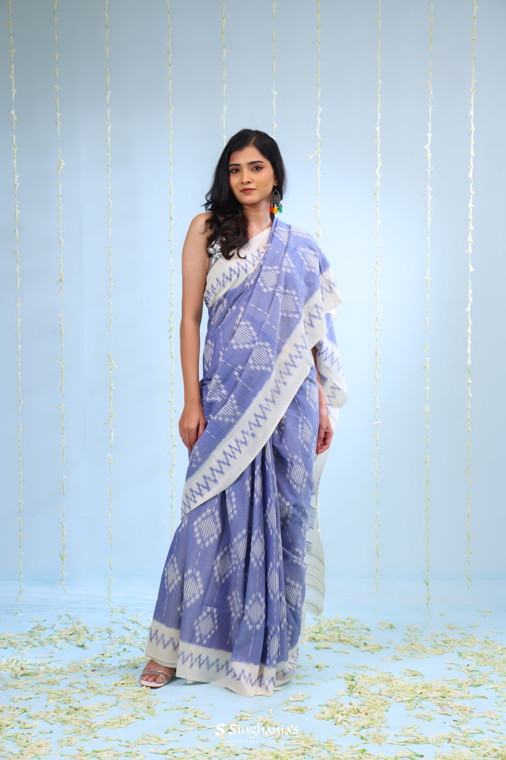 Blue White Ikkat Cotton Saree With Contrast Border