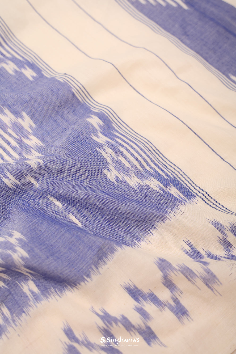 Blue White Ikkat Cotton Saree With Contrast Border