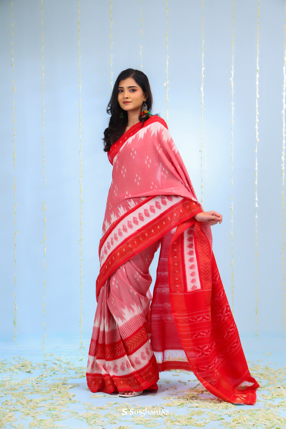 White Red Ikkat Cotton Saree With Traditional Pattern