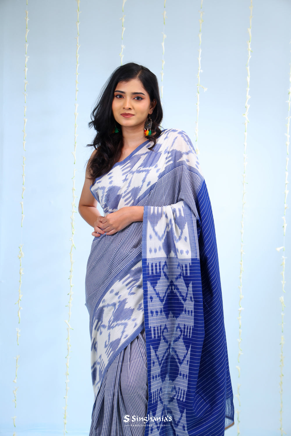 Deep Blue Ikkat Cotton Saree With Big Border