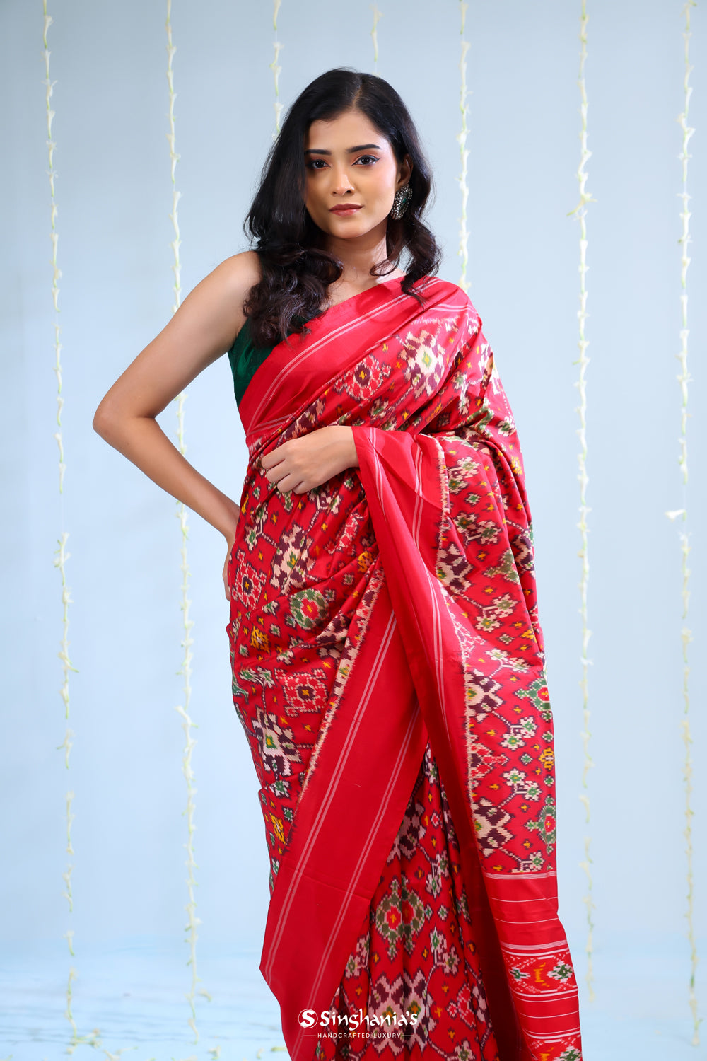 Bright Red Ikkat Patola Silk Saree With Jaal Design