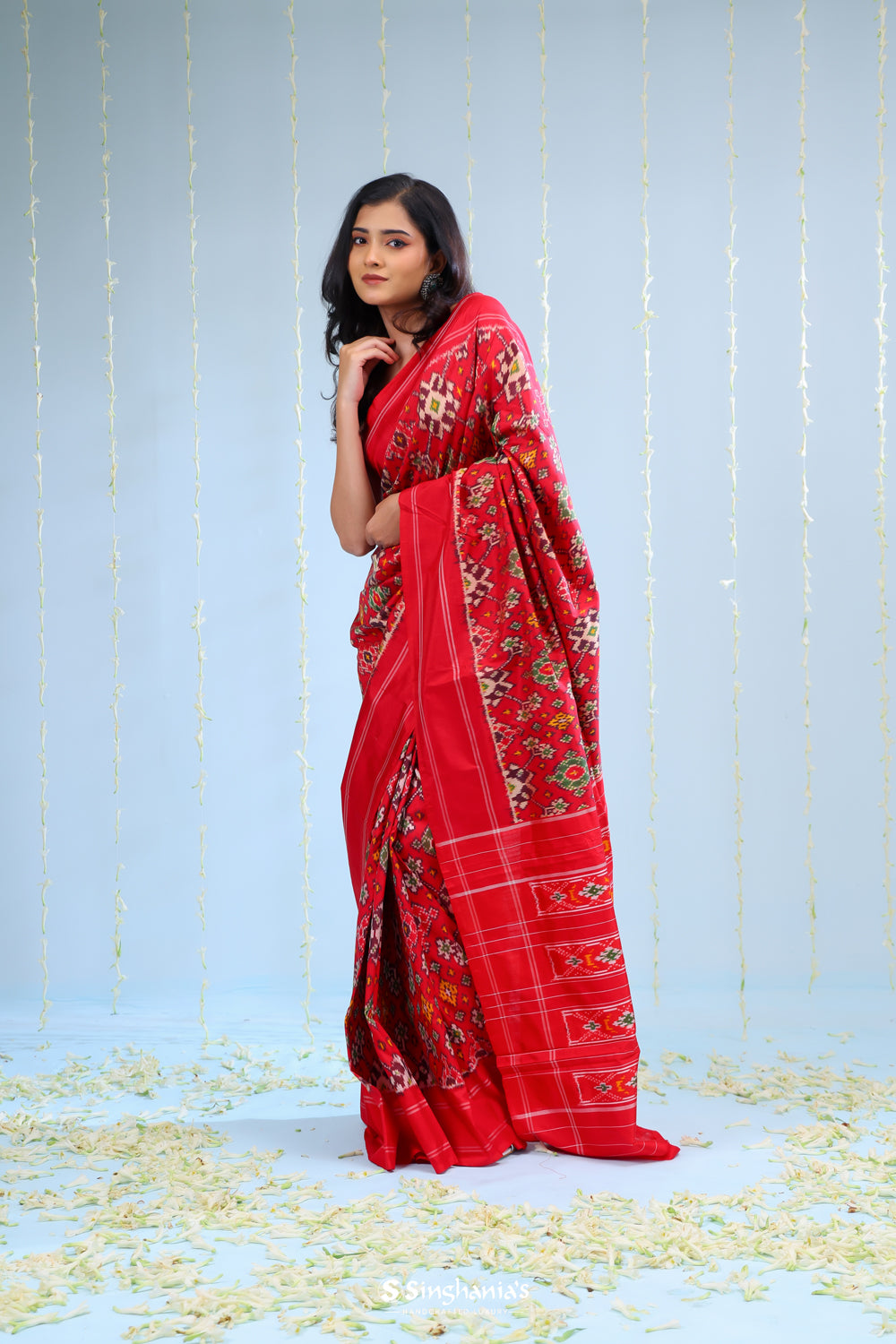 Bright Red Ikkat Patola Silk Saree With Jaal Design