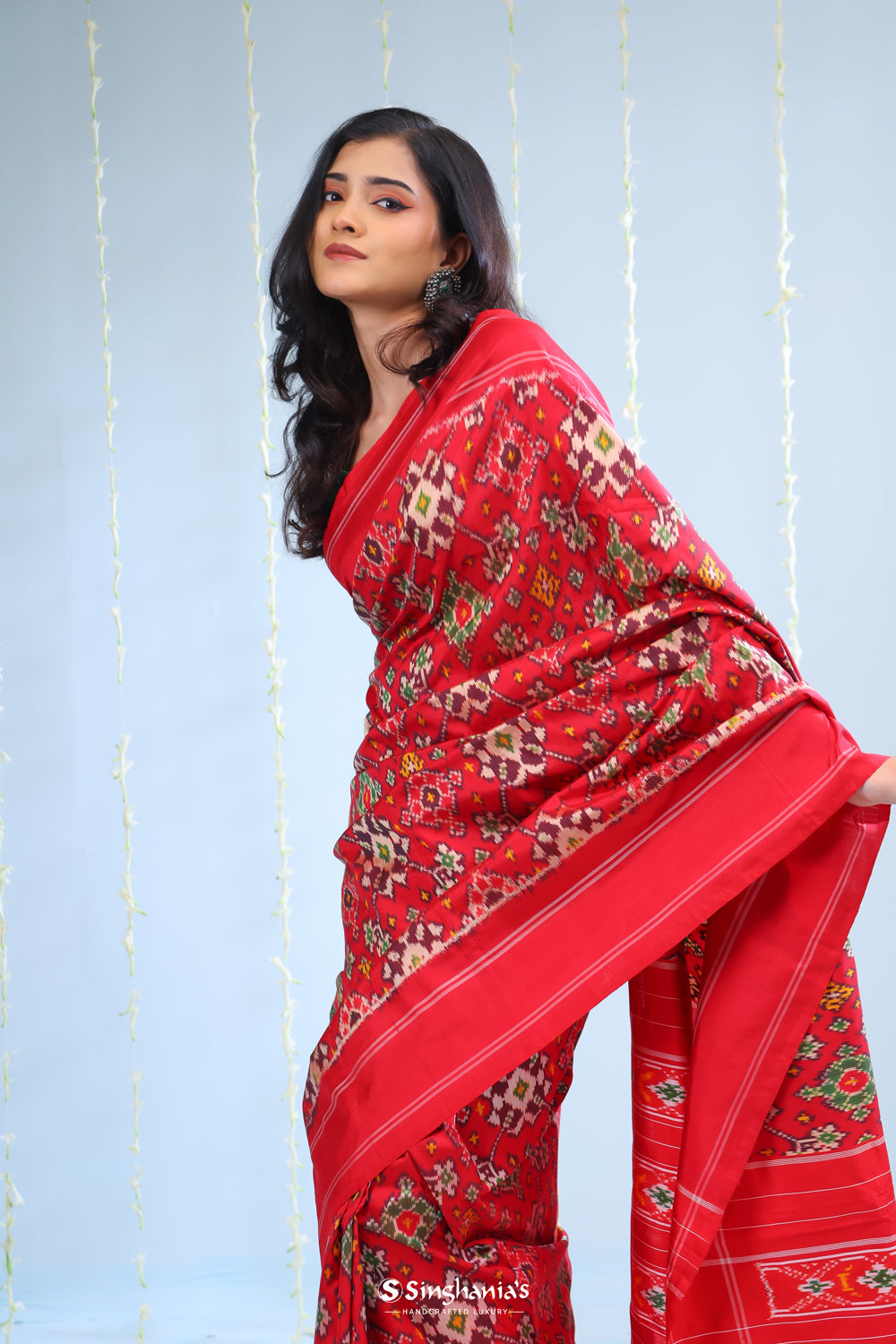 Bright Red Ikkat Patola Silk Saree With Jaal Design