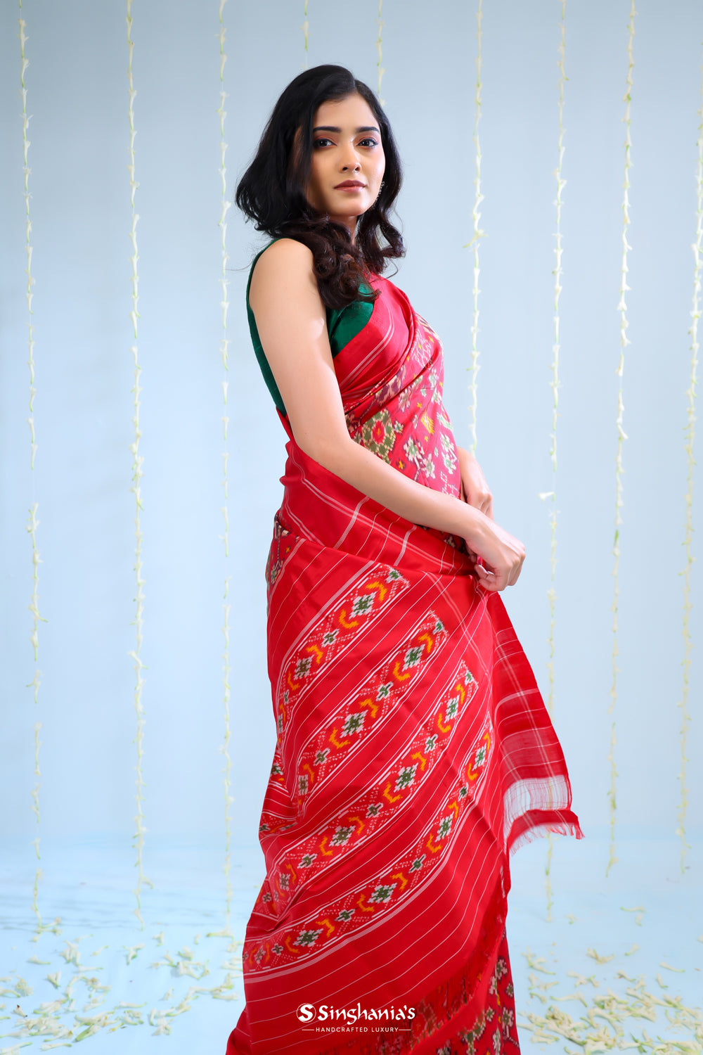 Bright Red Ikkat Patola Silk Saree With Jaal Design