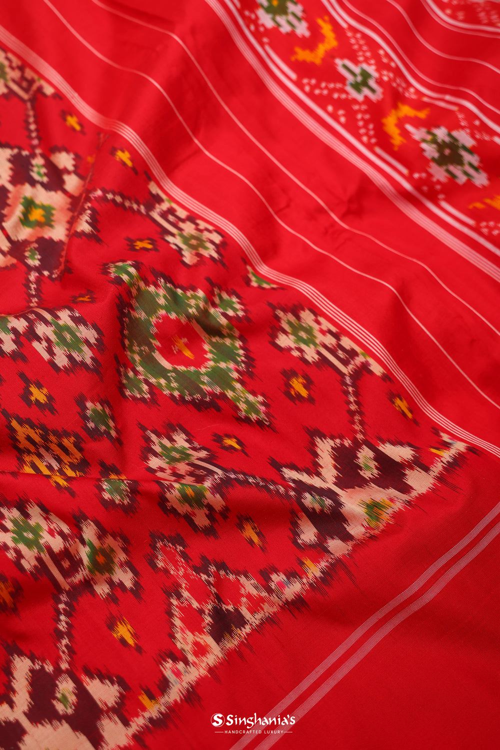 Bright Red Ikkat Patola Silk Saree With Jaal Design